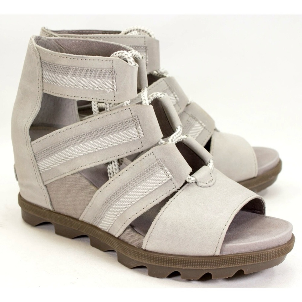 Sorel Joanie Womens Size US 9 Lace Wedge Sandals Saddle Ash Grey Peep Toe Shoes